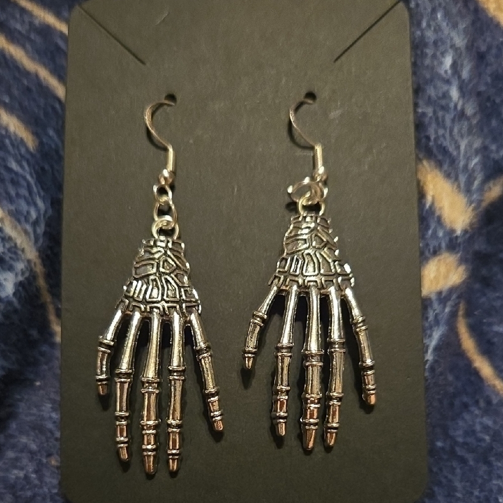 Silver Skeleton Hand Earrings